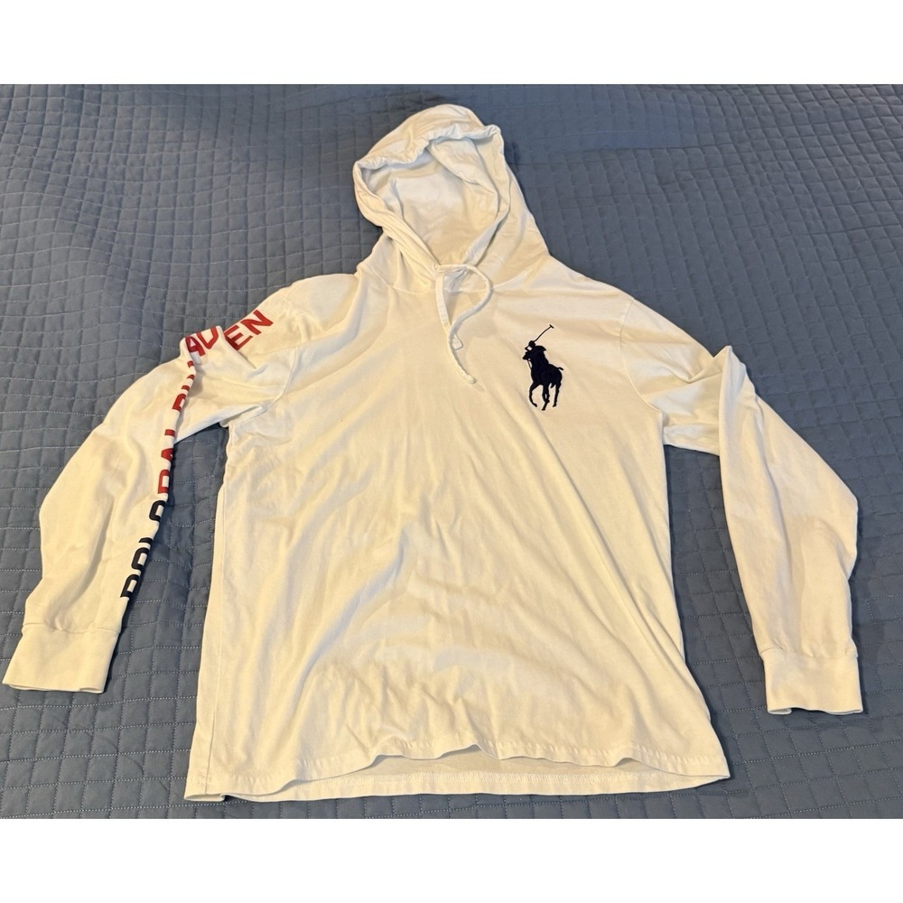 Polo Ralph Lauren Hooded Shirt Mens Red White Blue Big Pony Logo Long Sleeve Tee
